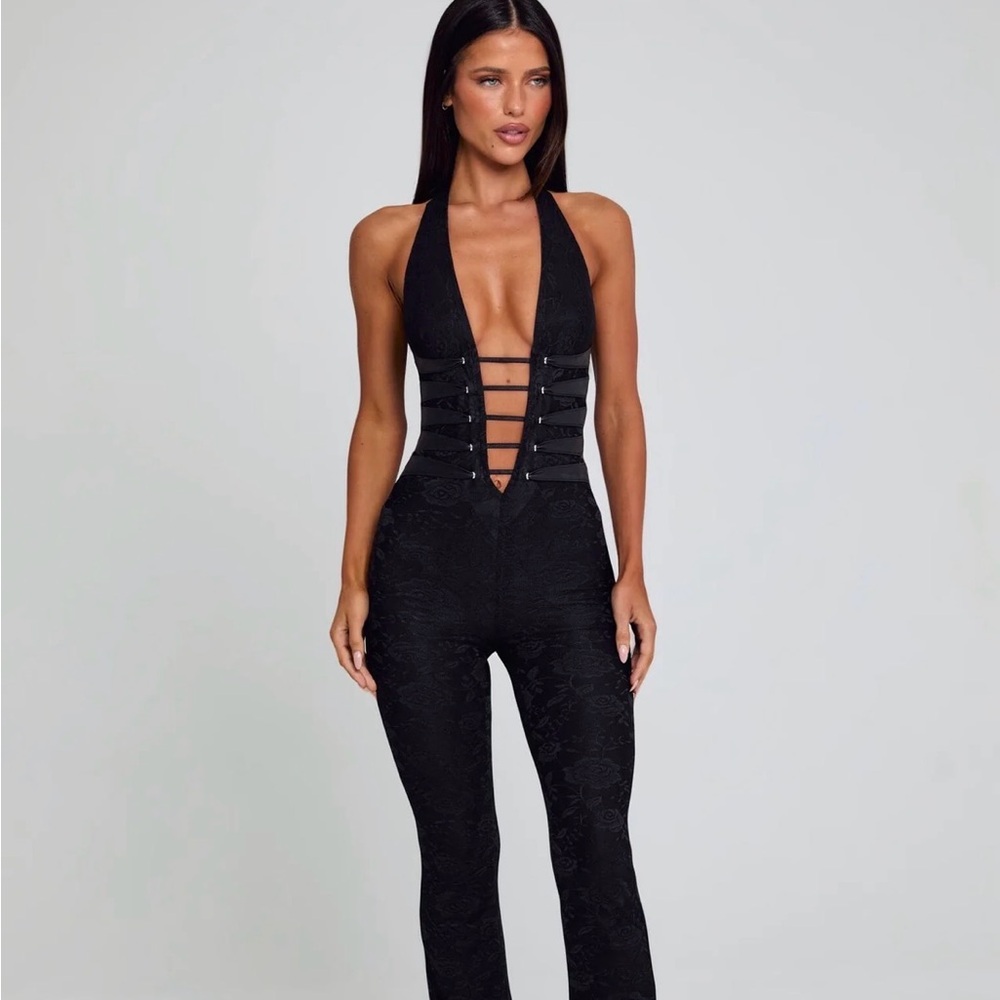 Black Halter Plunge Lace Bootcut Jumpsuit